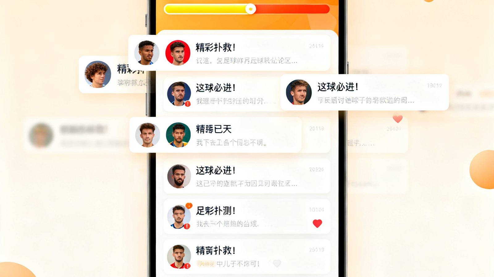 华体会体育平台球迷社区的手机端界面截图，显示一场热门足球赛事的实时讨论区，用户头像和评论以卡片形式排列，顶部有赛事预测的百分比数据条，配色温暖活泼