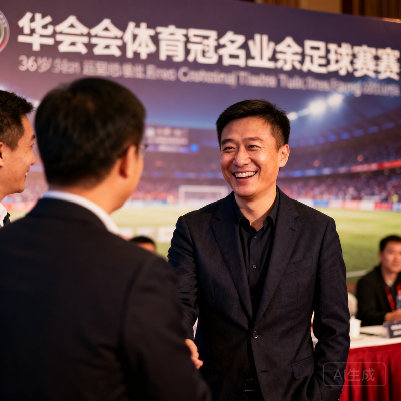 一位36岁的中国男性运营副总裁，穿着得体的深色西装外套，在活动现场与用户交流，面带亲切笑容，背景是华体会体育冠名的业余足球赛事横幅
