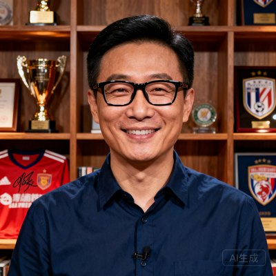 一位40岁左右的中国男性体育评论员，戴着黑框眼镜，穿着深蓝色衬衫，面带微笑，背景是书架和赛事纪念品，展现出专业与亲和力