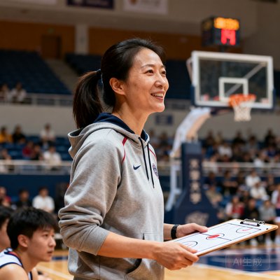一位35岁左右的中国女性大学篮球教练，扎着马尾，穿着运动卫衣，站在篮球场边，表情专注而自信，手中拿着战术板